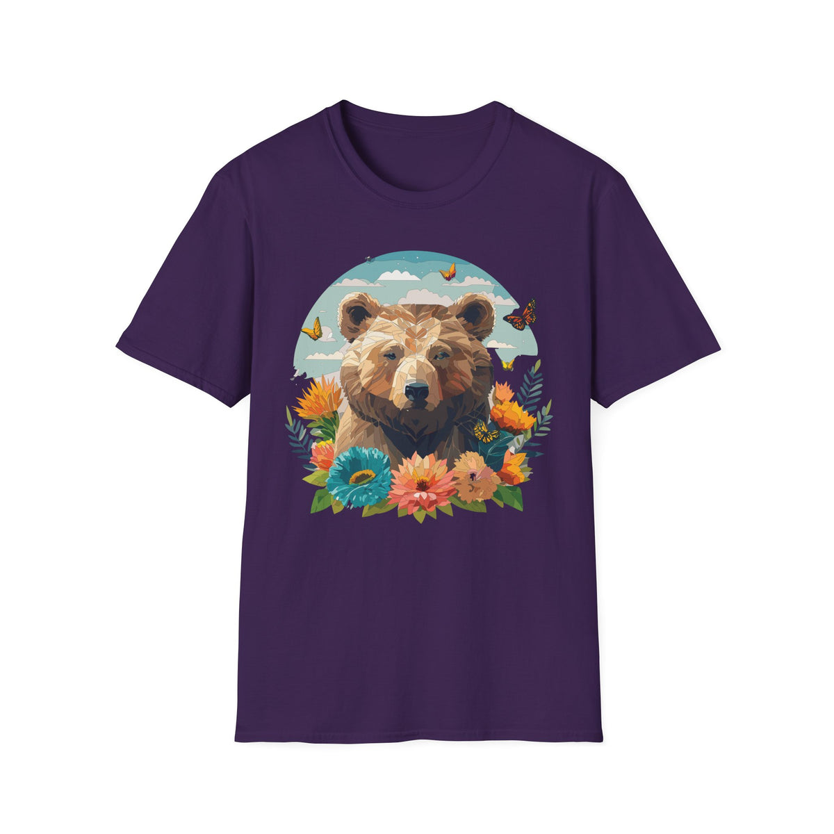 Brown Bear Illustration T-Shirt | Floral, Butterflies, Nature Scene Graphic Tee Unisex 100 Cotton Gildan T-Shirt