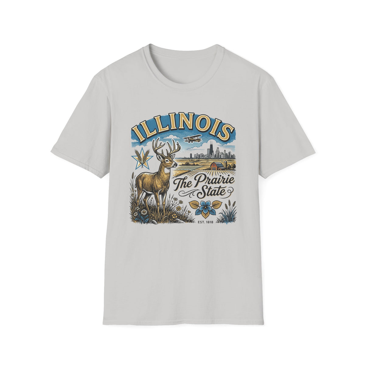 Illinois The Prairie State T-Shirt — Deer & Skyline Vintage Travel Tourist Graphic Tee Unisex 100 Cotton Gildan T-Shirt