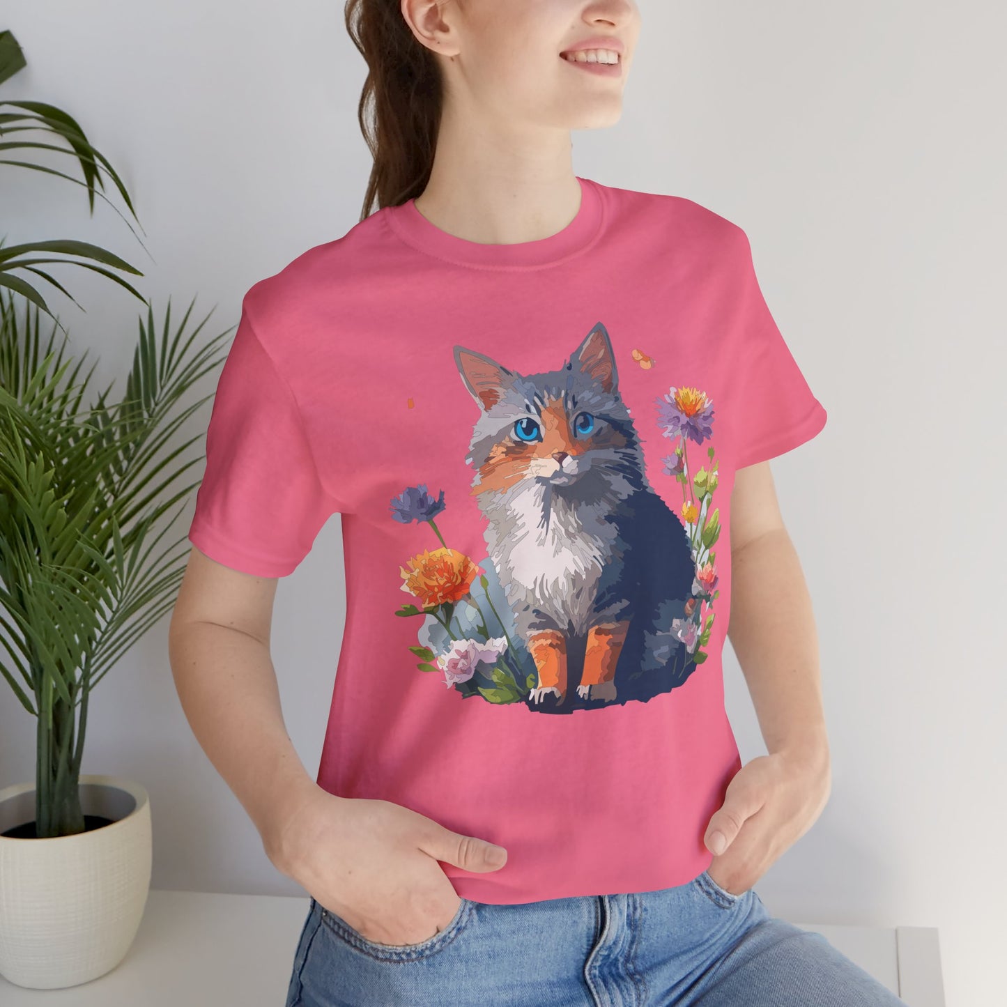 Floral Cat Tee, Animal Shirt, Cat Shirt, Floral Tee, Flower T-shirt, T-Shirt with Animal, Summer Top with Art Design