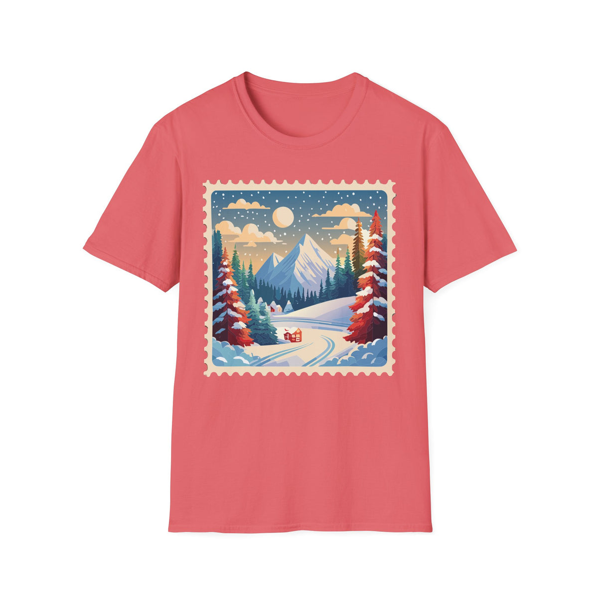 Vintage Winter Mountain Scene T-Shirt | Snowy Peaks Forest Illustration