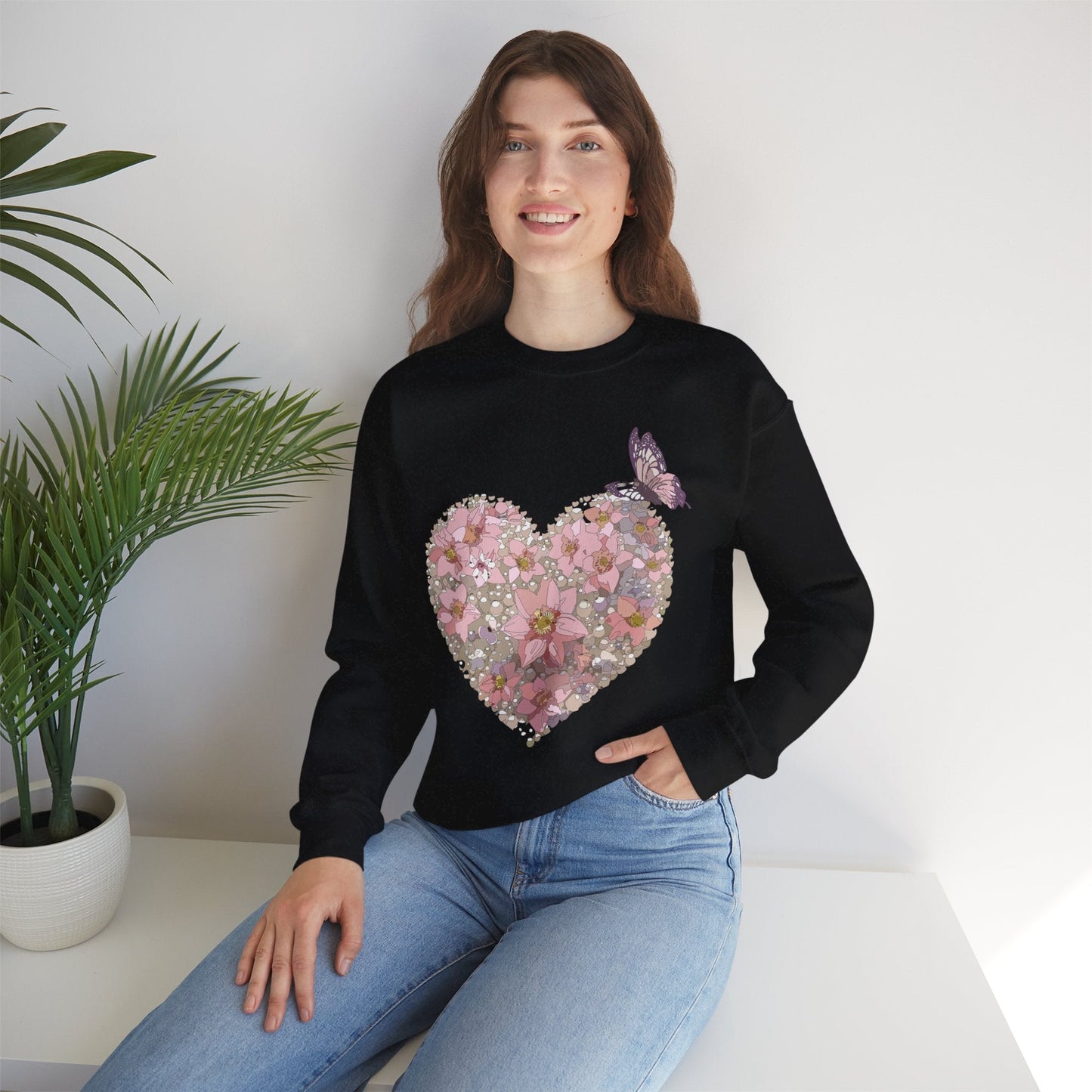 Unisex Floral Heart Sweatshirt Floral Love Valentines Day Gildan 18000 Heavy Blend Crewneck