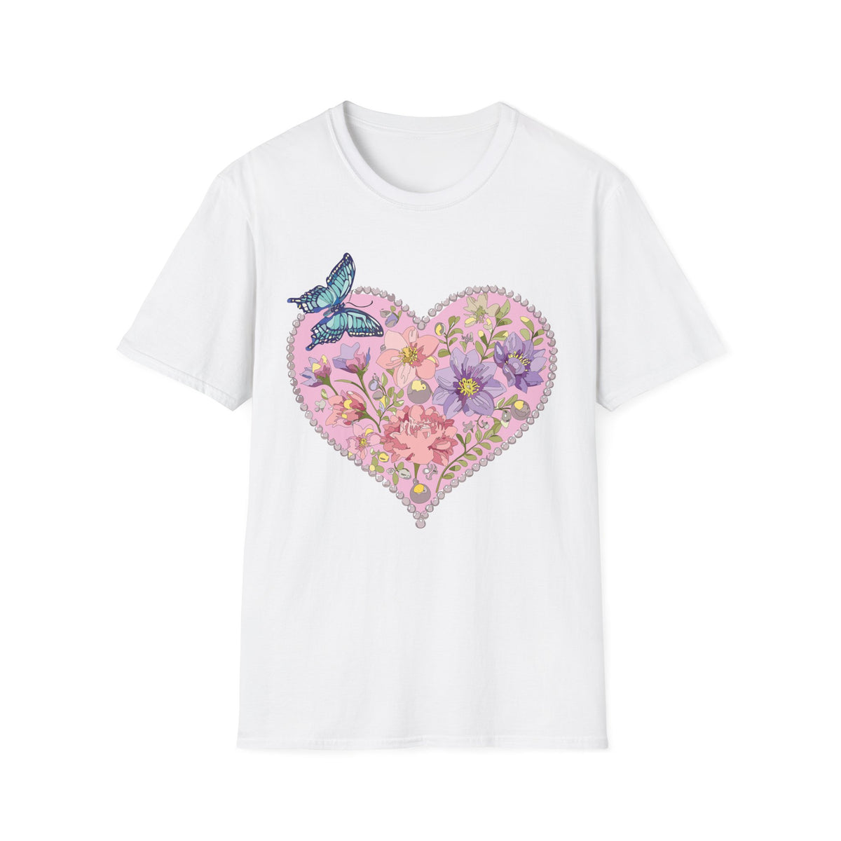 Floral Heart with Butterfly T-Shirt | Botanical Heart Graphic Tee Unisex 100 Cotton Gildan T-Shirt