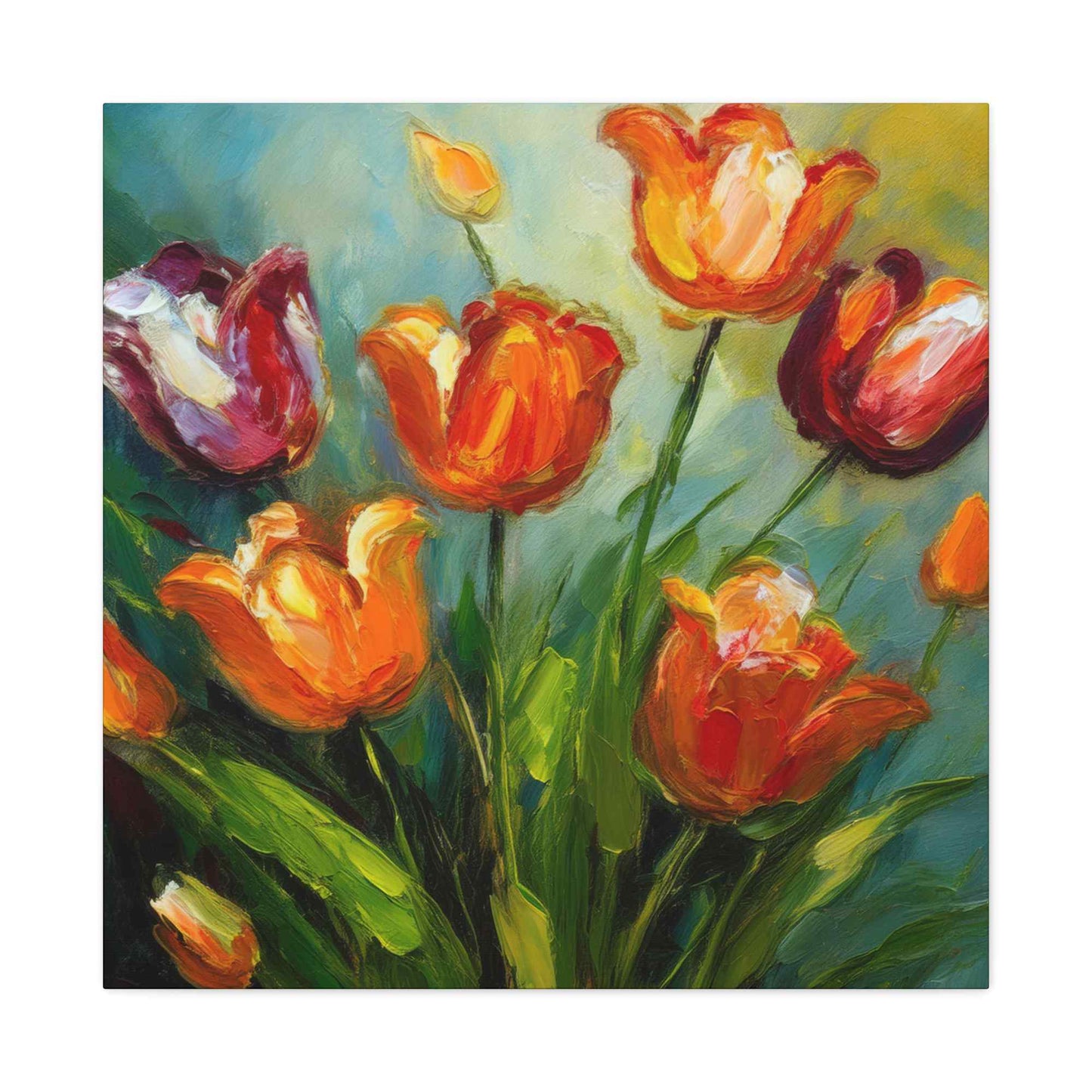 Tulips Print Canvas, Floral Oil Paint Print 20x20, 24x24, 30x30, 32x32, 36x36 Art Design Pine-Wood Inner Frame MC-142