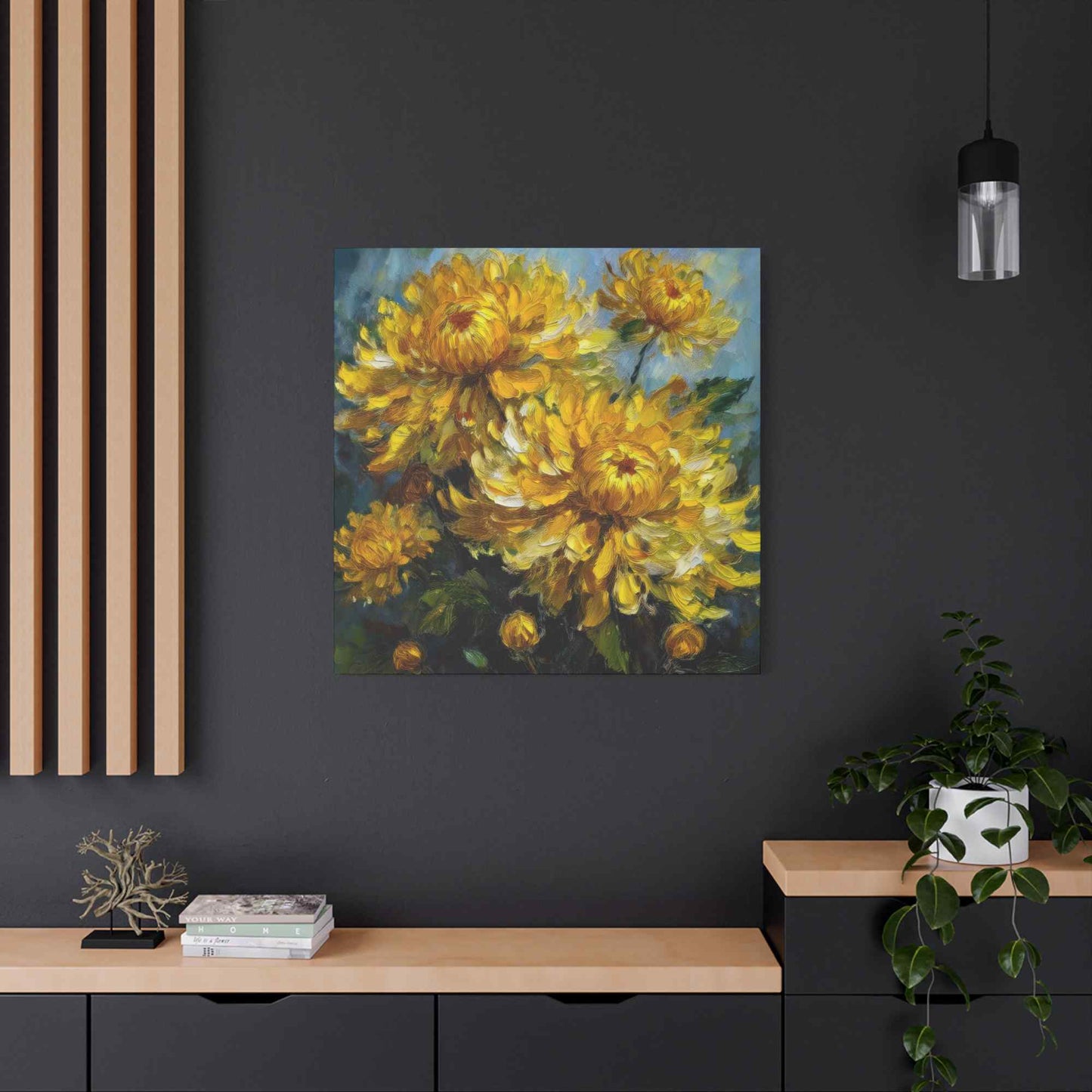 Chrysanthemums Print Canvas, Floral Oil Paint Print 20x20, 24x24, 30x30, 32x32, 36x36 Art Design Pine-Wood Inner Frame MC-163