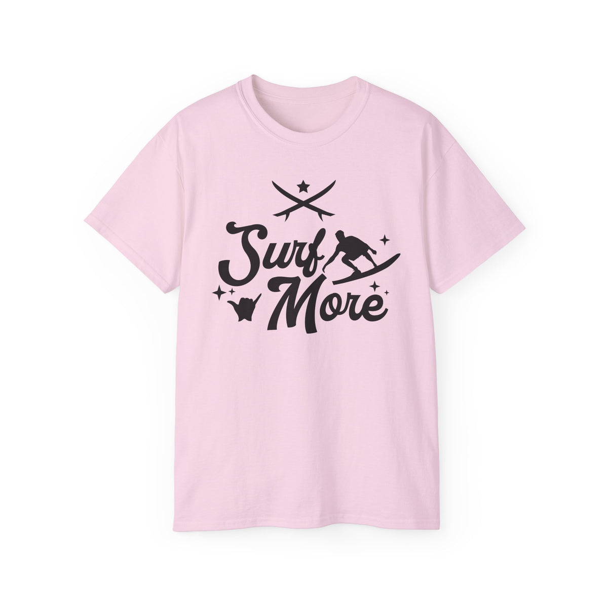 Surf More surfboard graphic Tee | surfer silhouette, waves, retro script
