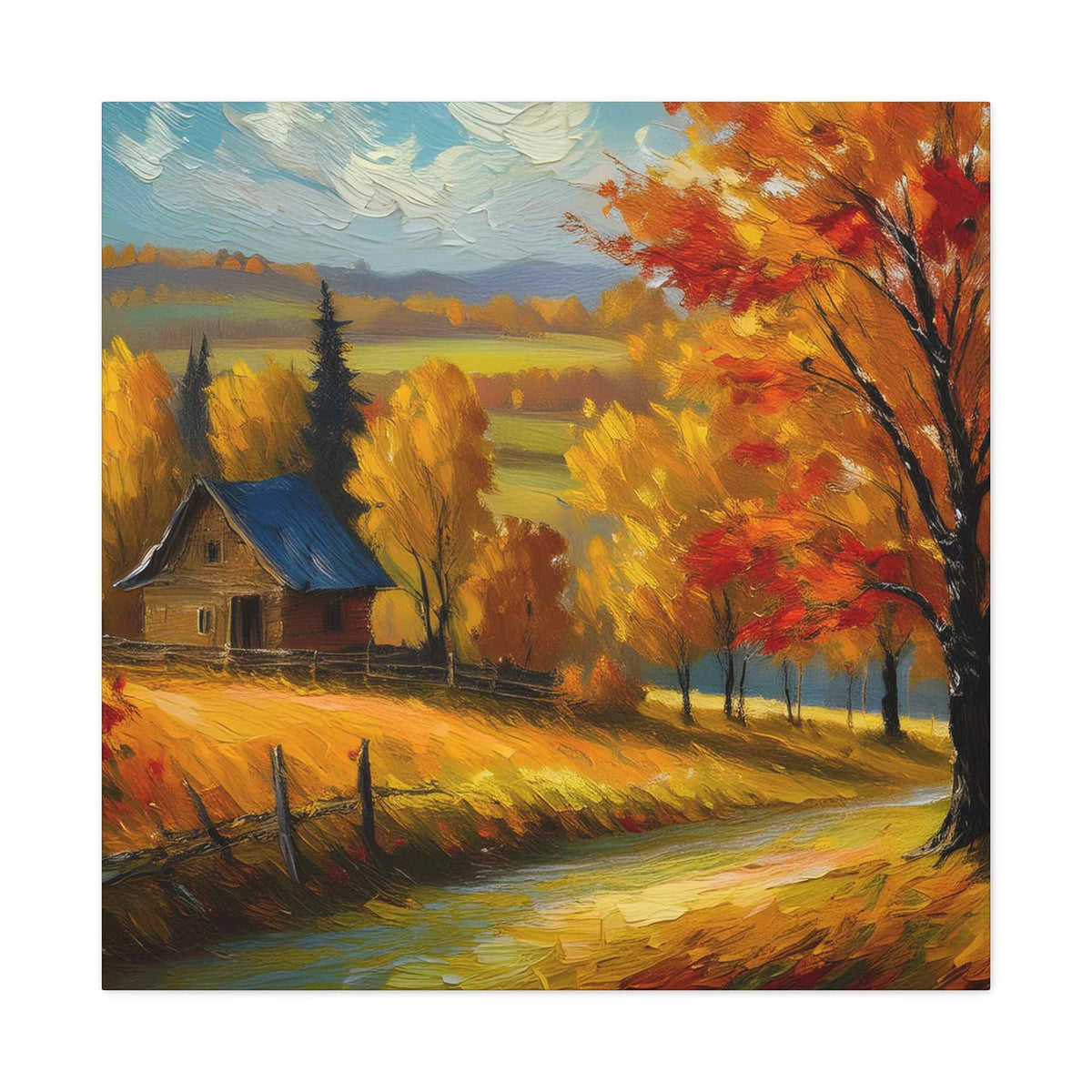 Countryside Fall Print Canvas, Oil Paint Print 20x20, 24x24, 30x30, 32x32, 36x36 Art Design Pine-Wood Inner Frame MC-107