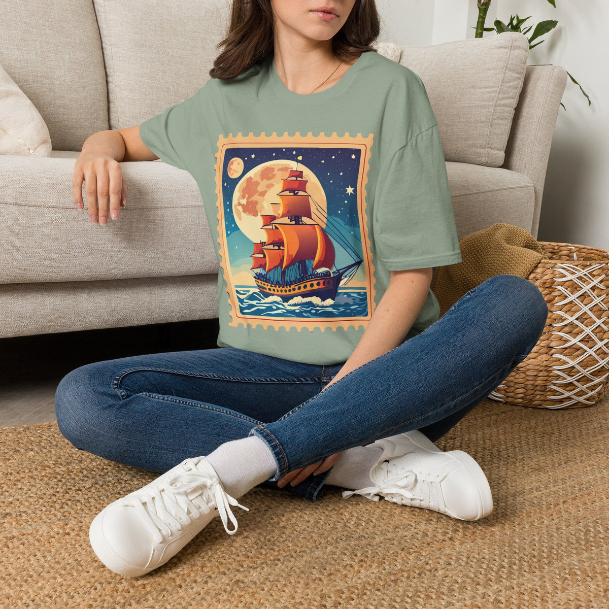 Vintage Sailing Ship T‑Shirt — Nautical Stamp Moonlight Travel Post Graphic Design Unisex 100 Cotton Gildan T-Shirt