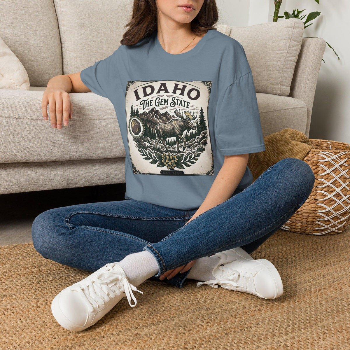 Idaho The Gem State Vintage Moose Travel Tourist Graphic Design Unisex 100 Cotton Gildan T-Shirt