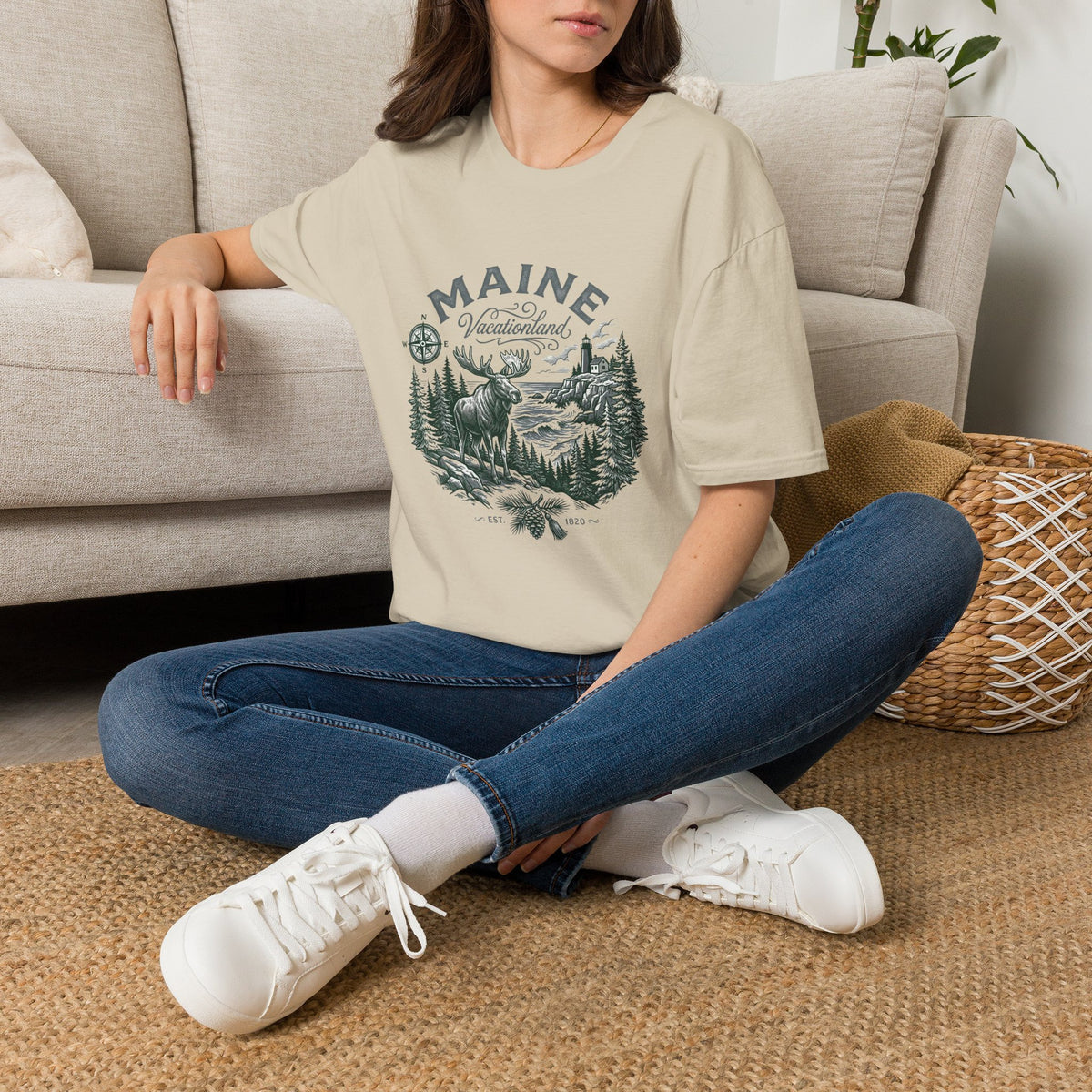 Maine Wilderness Moose Graphic T-Shirt — Vintage State Nature Travel Tourist Graphic Design Unisex 100 Cotton Gildan T-Shirt
