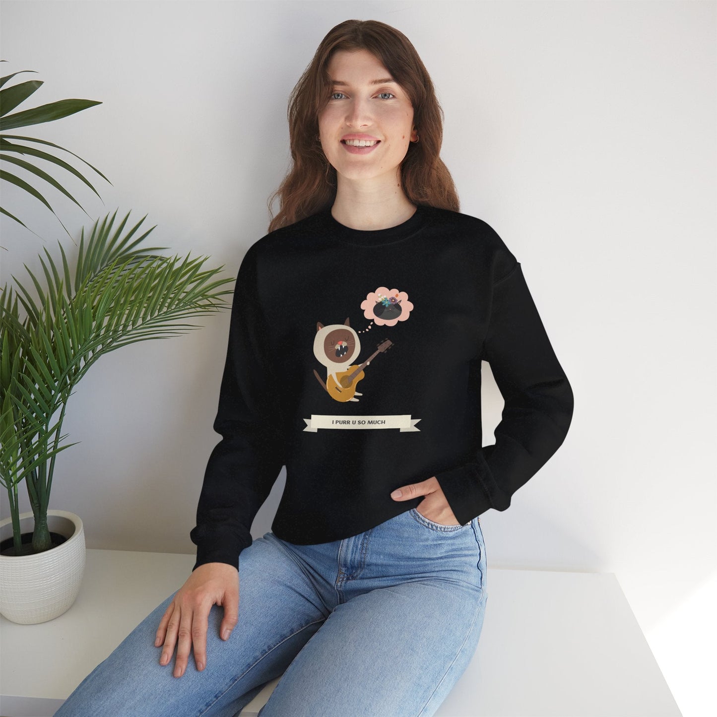 Cat with Guitar Sweatshirt, Love Sweatshirt, Cat Sweatshirt, Valentine's Day Sweatshirt, 50/50 Cotton-Poly Animal Sweatshirt 127