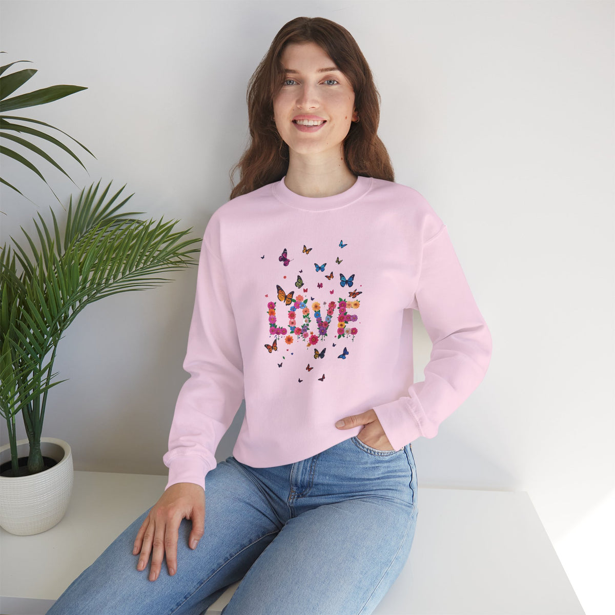 Unisex Floral Love Sweatshirt, Love Floral Sweatshirt, Floral Butterfly Sweatshirt, 50/50 Cotton-Poly Valentine's Day Sweatshirt 08