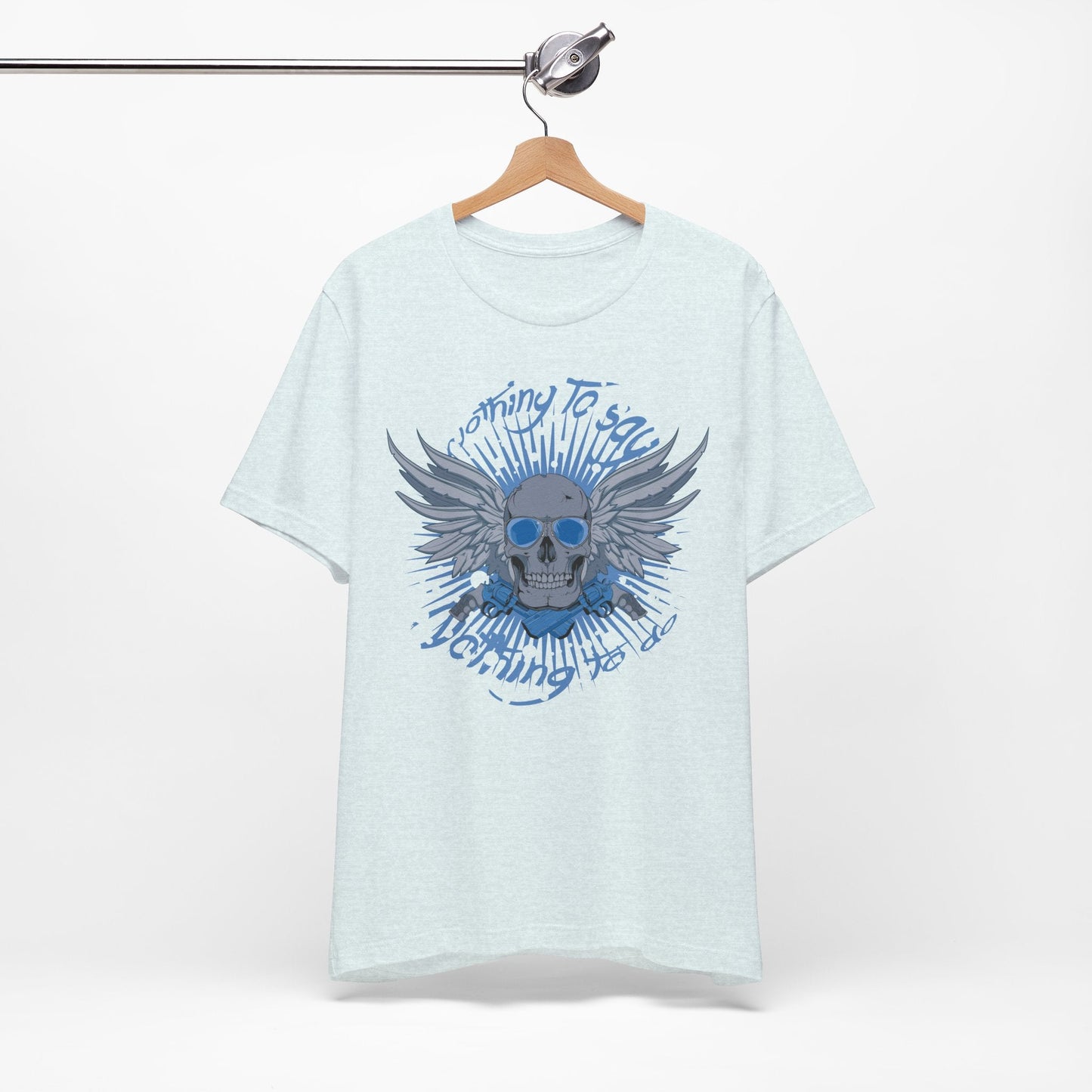 Winged Skull Graphic Tee | Blue Skull with Wings, Radiant Burst
