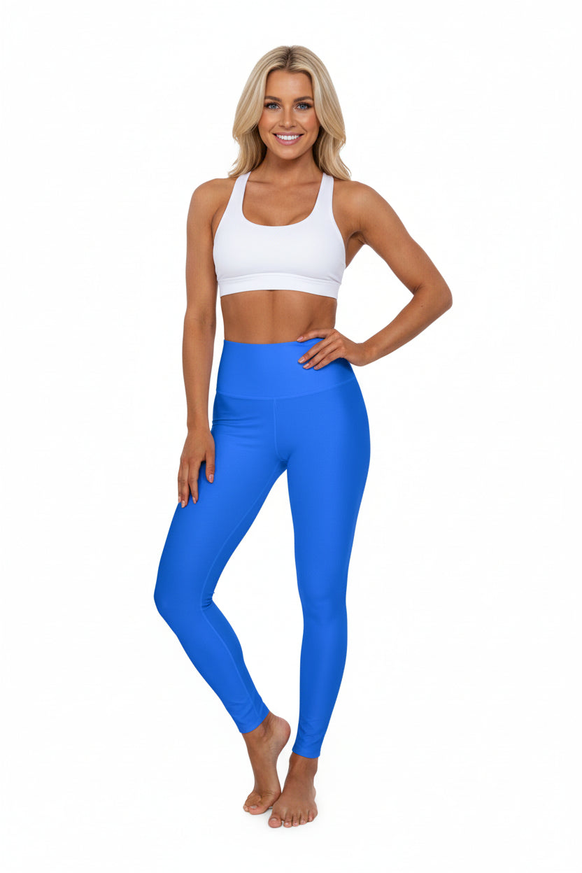 High-Waisted Digital Blue Yoga Leggings Women's Seamless Poly-Span Stretchy Solid Blue Activewear Pants