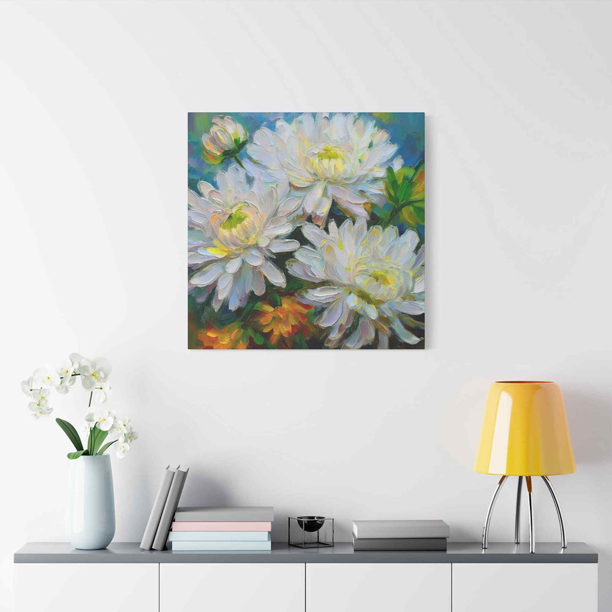 Chrysanthemums Print Canvas, Floral Oil Paint Print 20x20, 24x24, 30x30, 32x32, 36x36 Art Design Pine-Wood Inner Frame MC-161