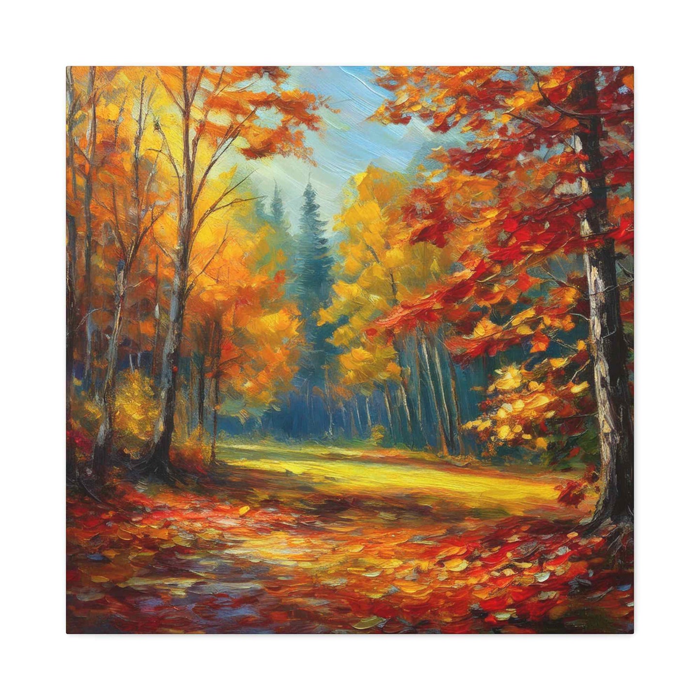 Fall Forest Print Canvas, Oil Paint Print 20x20, 24x24, 30x30, 32x32, 36x36 Art Design Print Pine-Wood Inner Frame MC-100