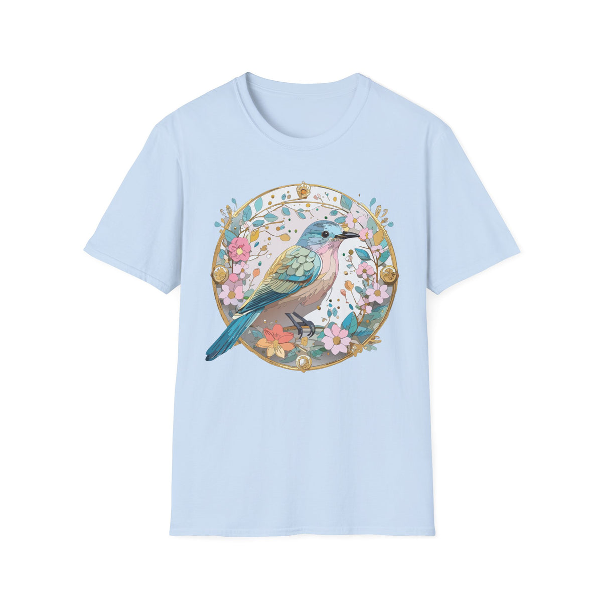 Floral Bird Illustration T-Shirt | Pastel Nature Circle Design