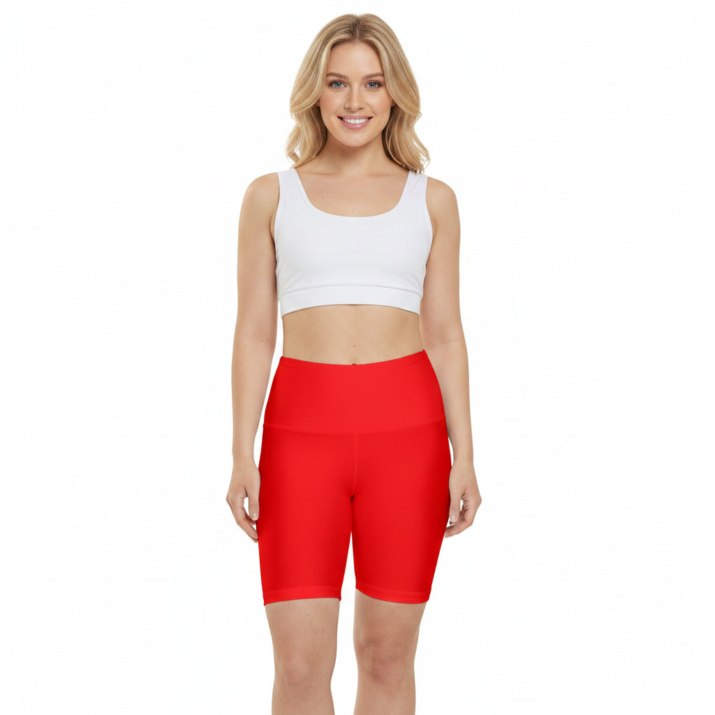 Pure Red High-Waist Workout Shorts — Women's Athletic Biker Shorts for Gym, Yoga & Running