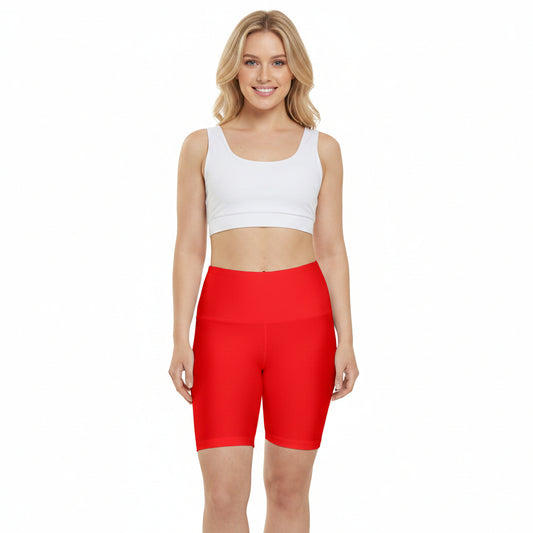 Pure Red High-Waist Workout Shorts — Women's Athletic Biker Shorts for Gym, Yoga & Running