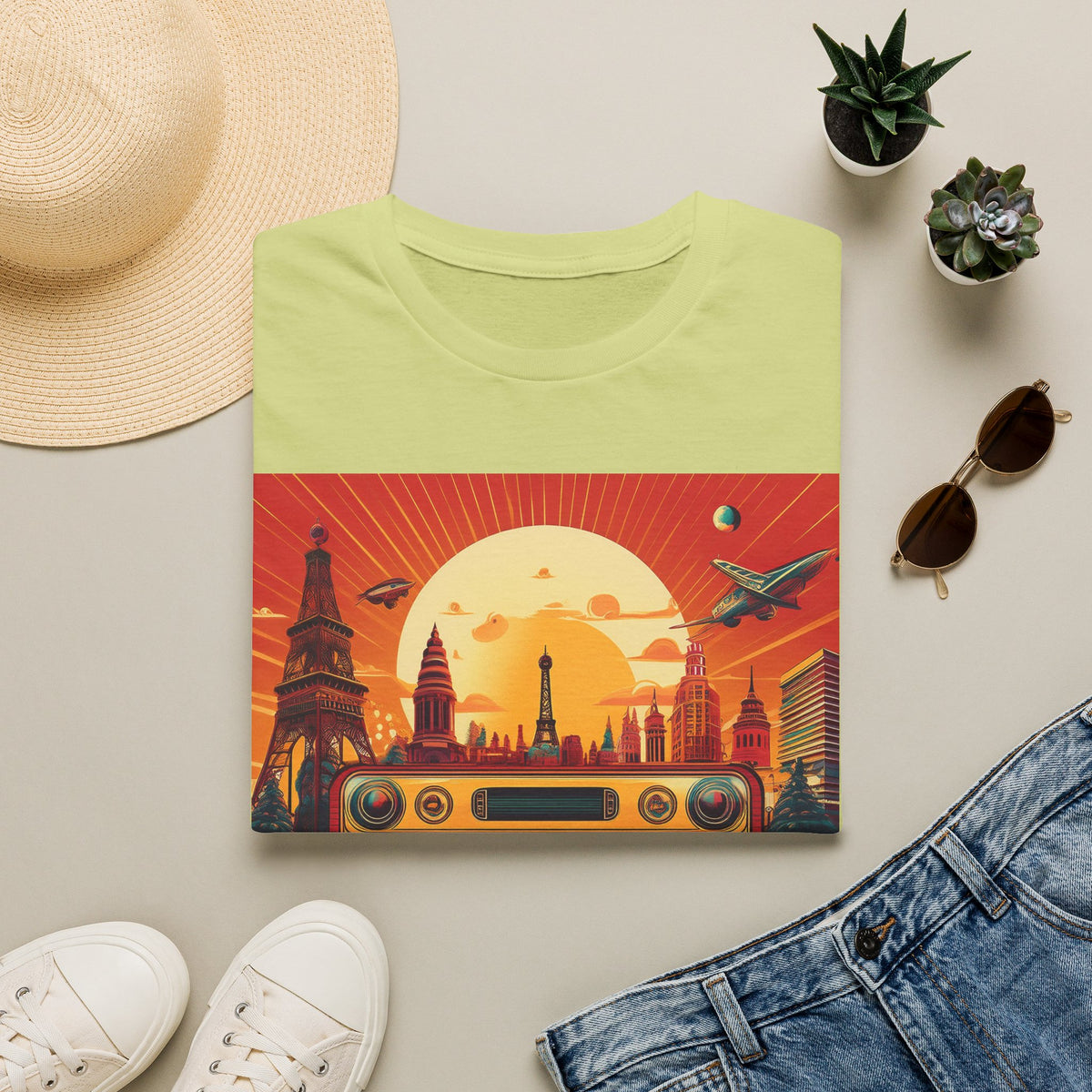 Retro Boombox Sunset Cityscape Graphic Posters, Post Stamps Design Unisex 100 Cotton Gildan T-Shirt