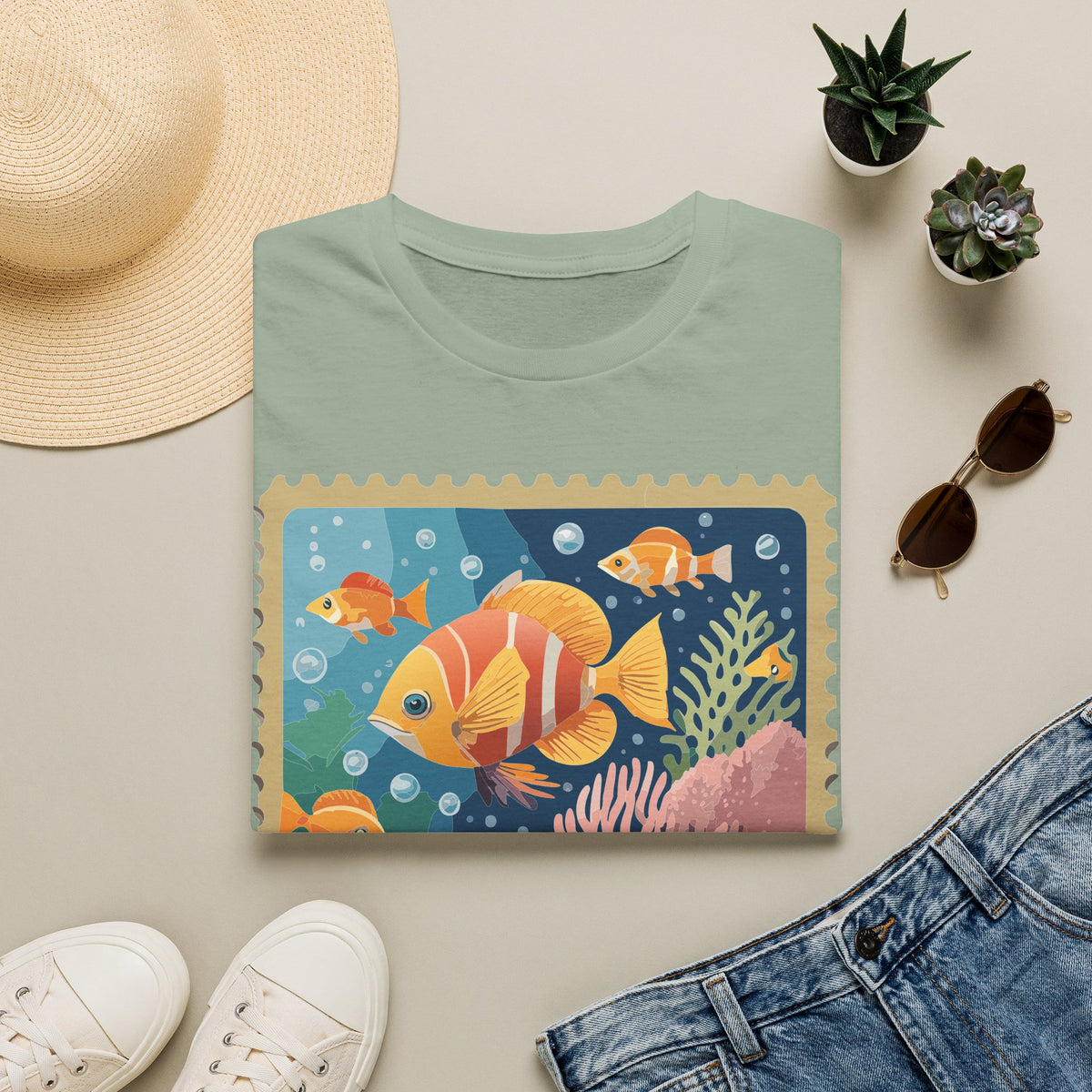 Tropical Clownfish Stamp Tee | Fish Reef Illustration Graphic Tee Unisex 100 Cotton Gildan T-Shirt