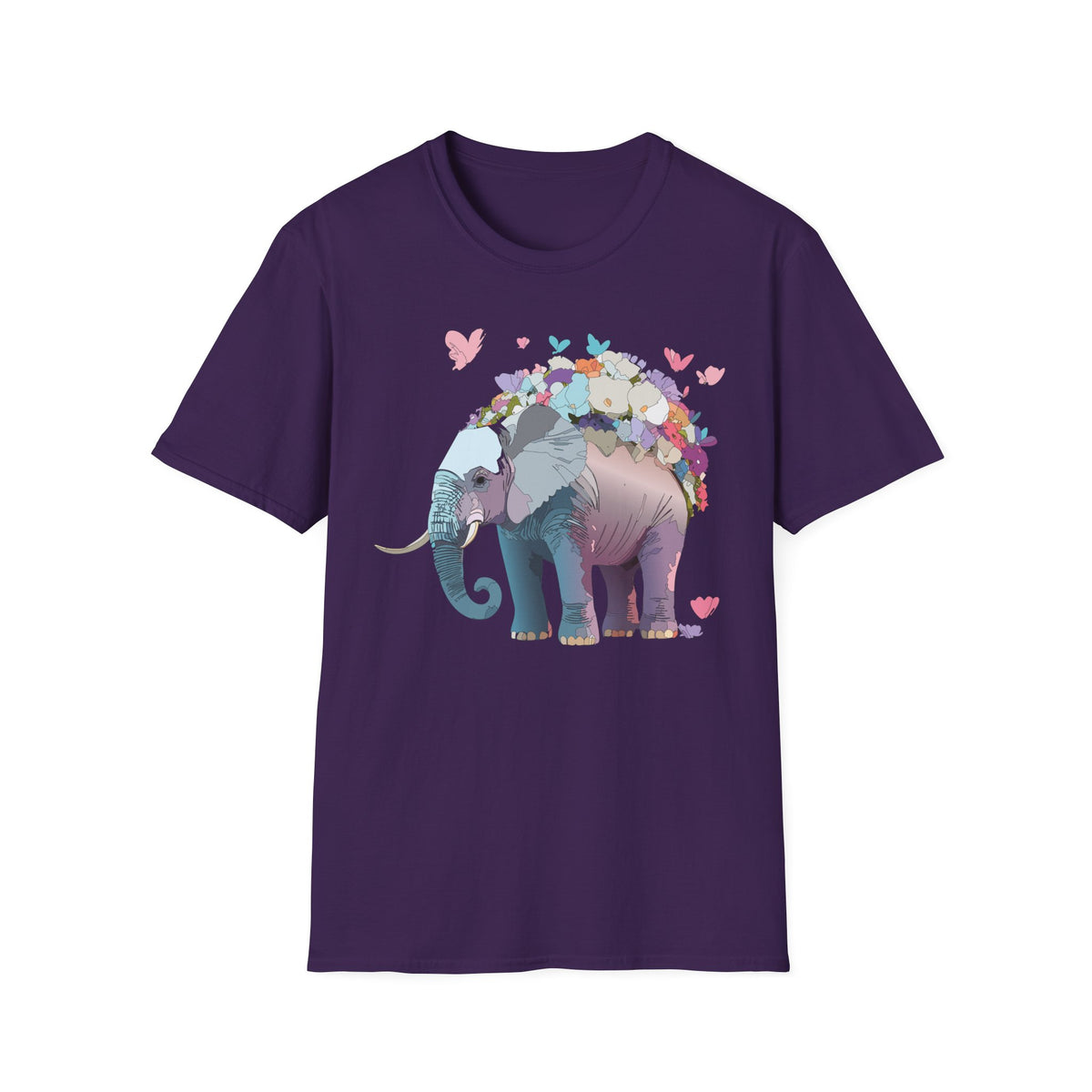 Floral Elephant Illustration T-Shirt | Butterfly Heart Garden Graphic Tee Unisex 100 Cotton Gildan T-Shirt