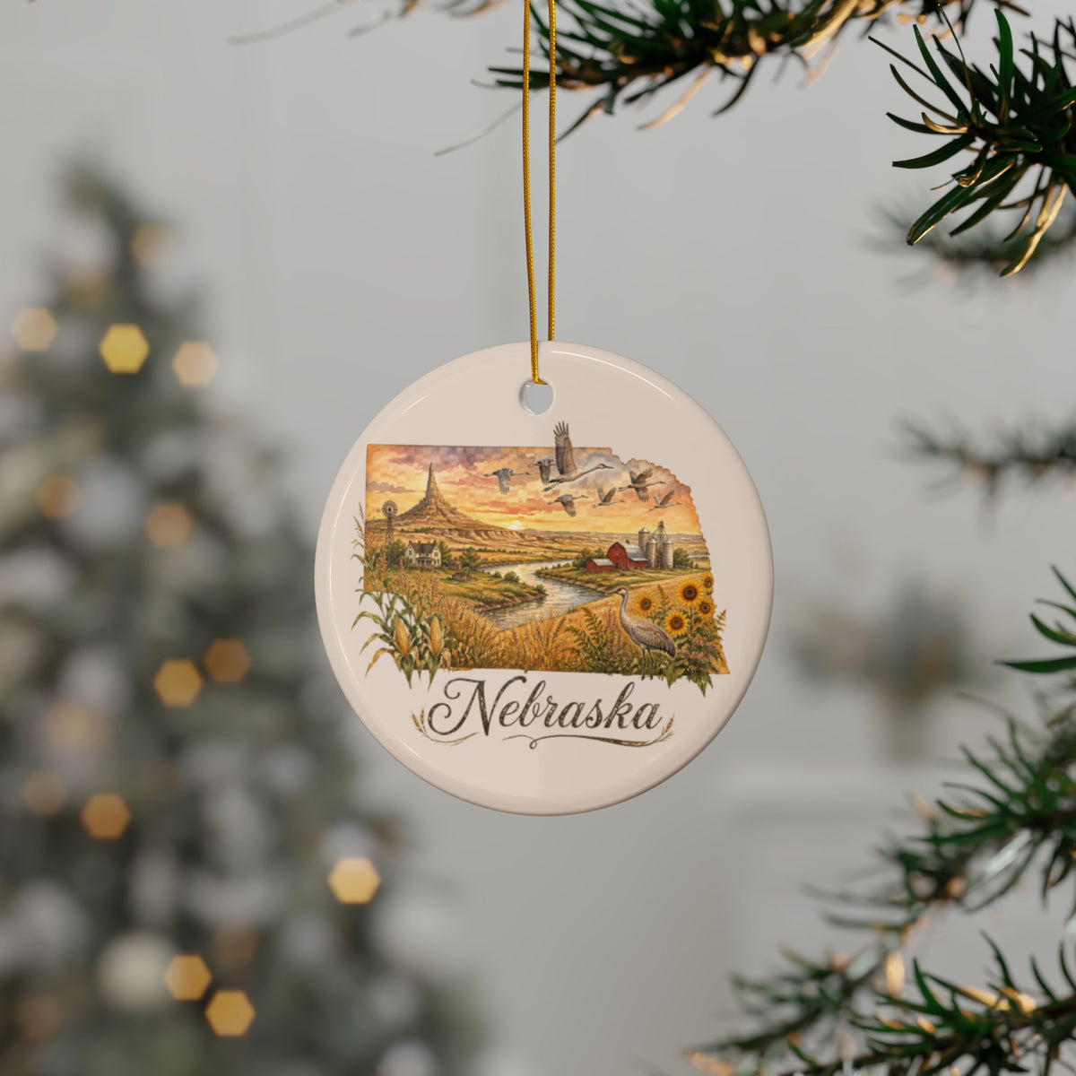 Nebraska Landscape Ceramic Ornament | State Scene Double-Sided - 2.99" Includes Gold String