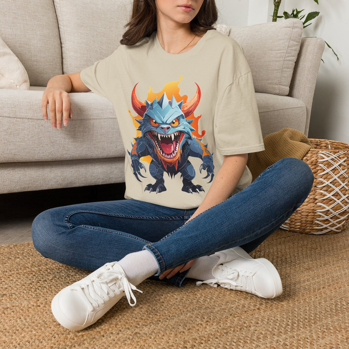 Monster Dragon T-Shirt — Fierce Fire-Breathing Creature Cartoon Graphic Tee Unisex 100 Cotton Gildan T-Shirt