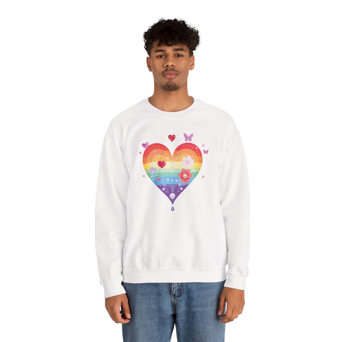 Rainbow Heart Floral Sweatshirt Unisex Valentines Day Graphic Love Sweatshirt Gift Idea