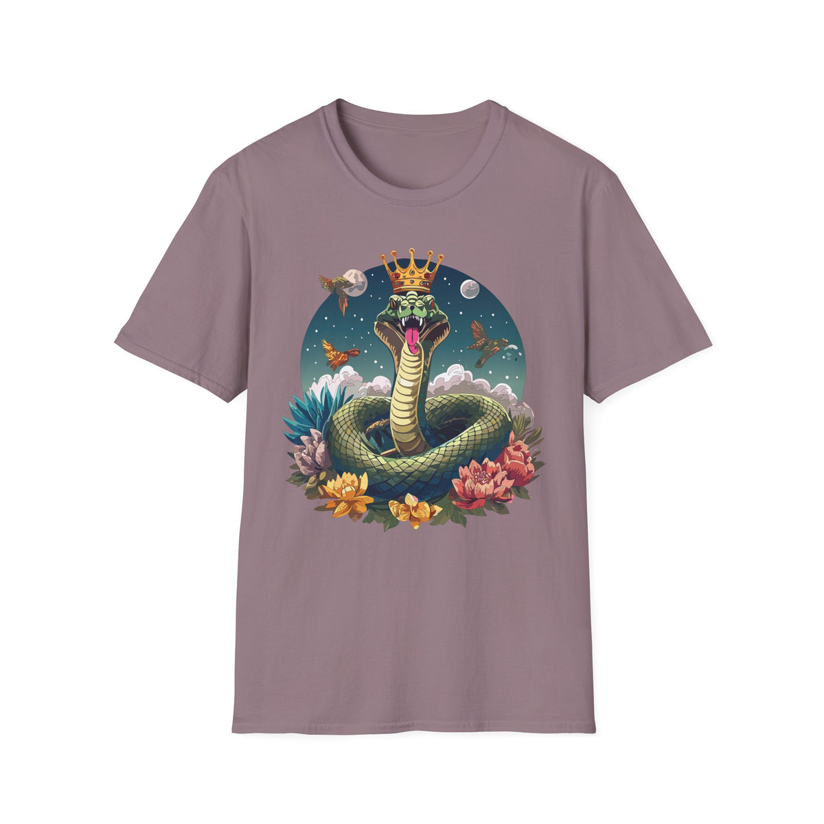 Crowned Snake Illustration T-Shirt | Regal Serpent, Floral Night Scene