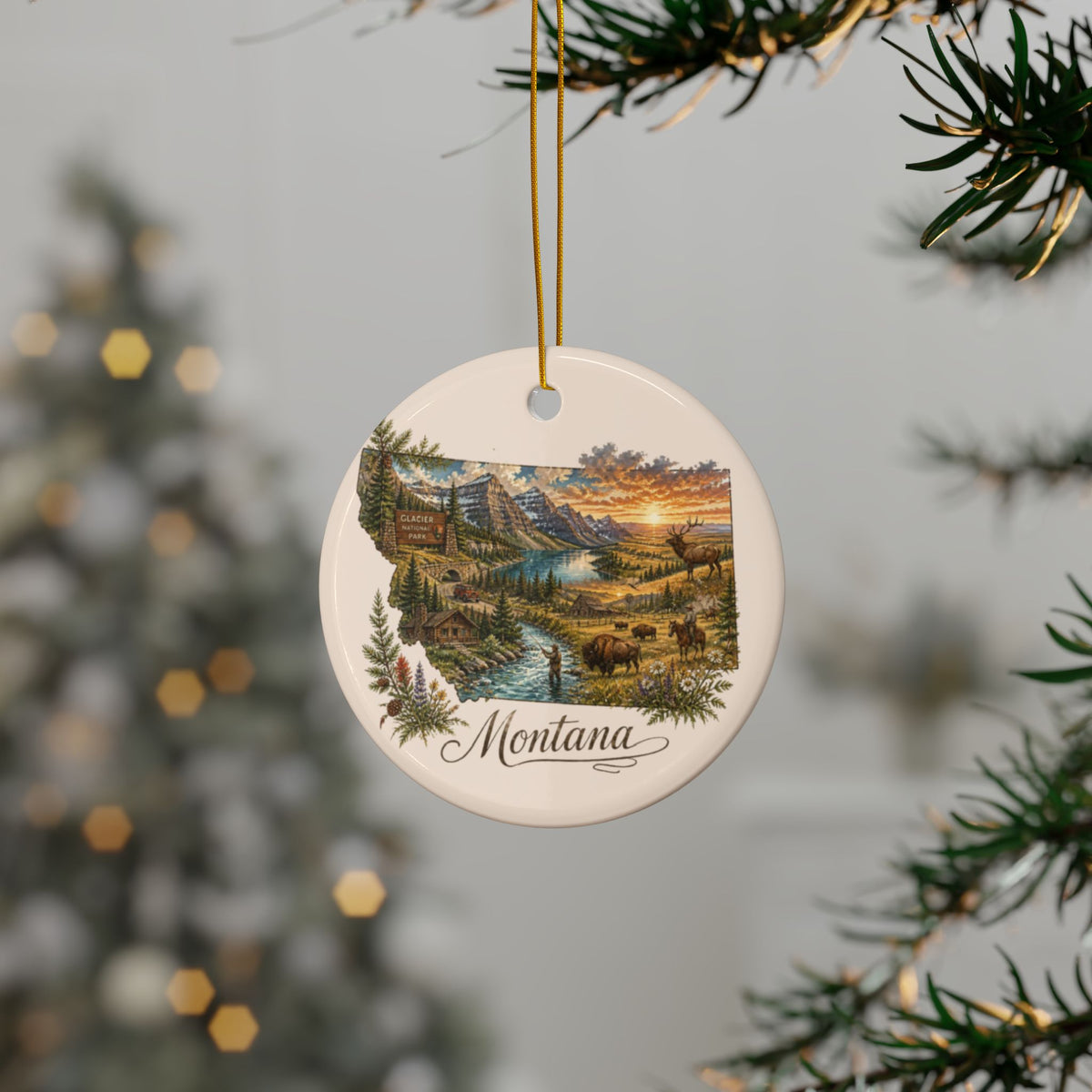Montana Landscape Ornament | Ceramic Round State Scenic Ornament - 2.99" Includes Gold String