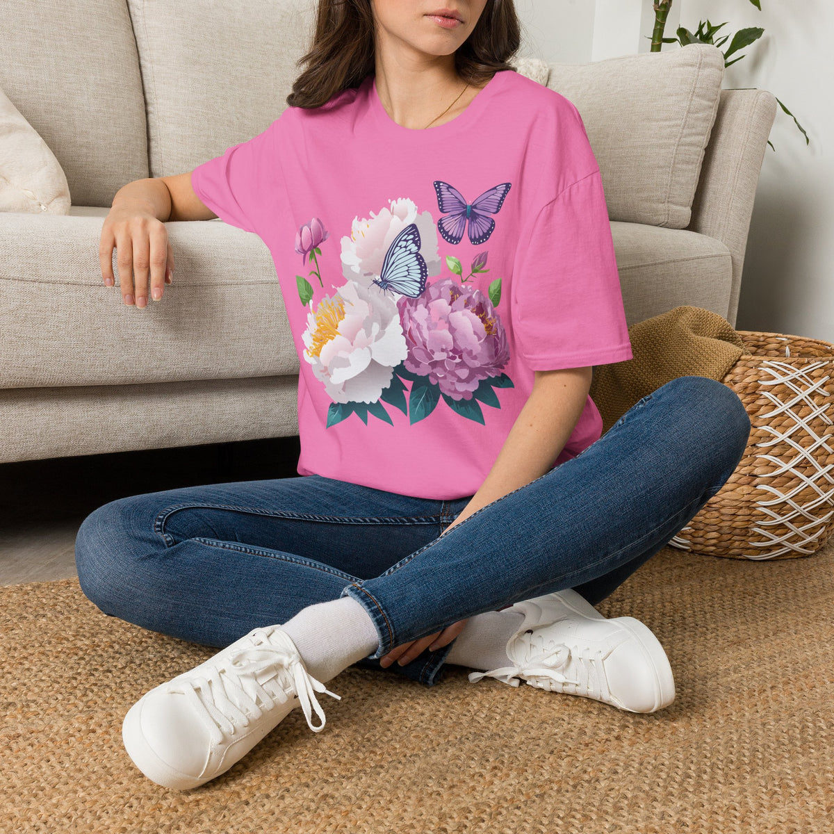 Floral Peonies & Butterflies T-Shirt — pastel garden tee for spring, Mother's Day Graphic Tee Unisex 100 Cotton Gildan T-Shirt