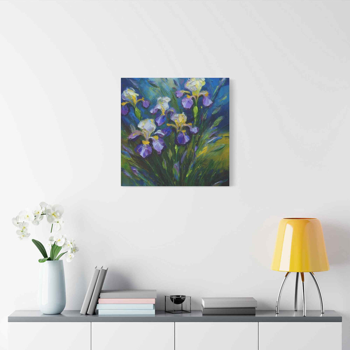 Irises Floral Print Canvas, Floral Oil Paint Print 20x20, 24x24, 30x30, 32x32, 36x36 Art Design Pine-Wood Inner Frame MC-185
