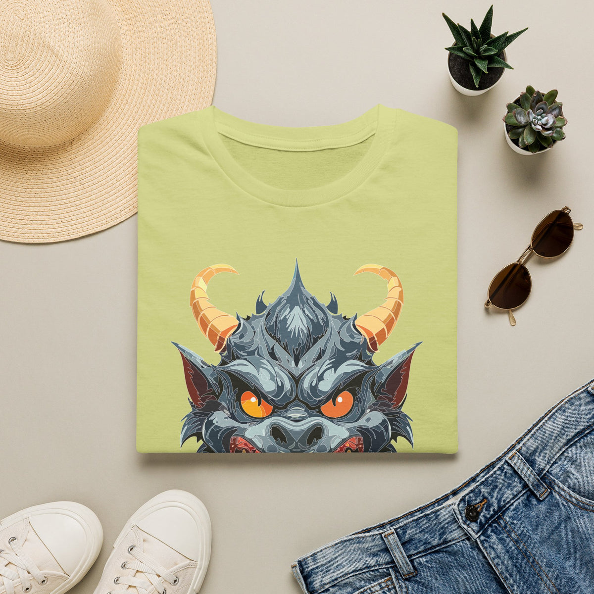 Demonic Monster Face T-Shirt — Fierce Horned Demon Cartoon Graphic Tee Unisex 100 Cotton Gildan T-Shirt