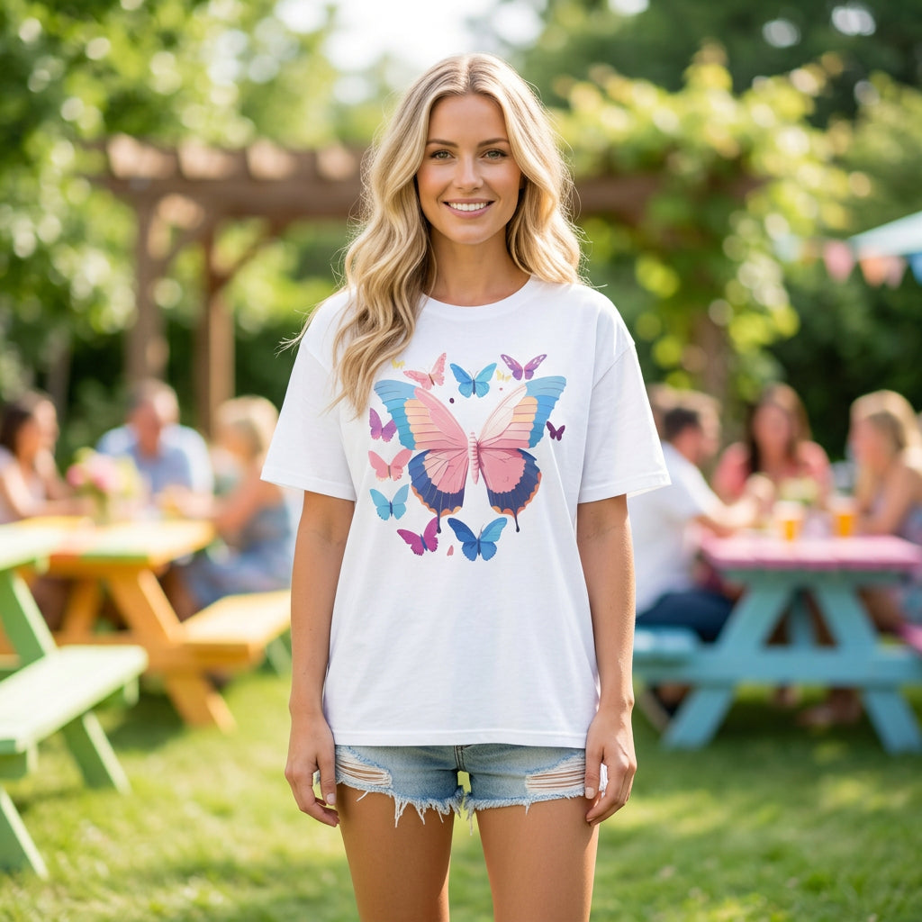Butterfly Cluster T-Shirt — Pastel Pink & Blue Butterfly Graphic Tee Unisex 100 Cotton Gildan T-Shirt