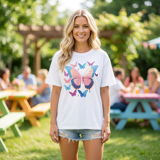 Butterfly Cluster T-Shirt — Pastel Pink & Blue Butterfly Graphic Tee Unisex 100 Cotton Gildan T-Shirt
