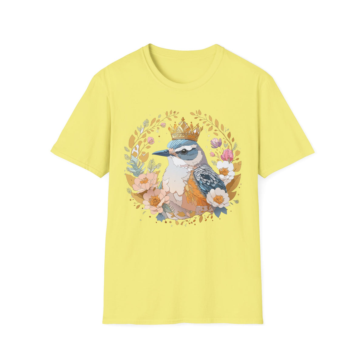 Crowned Bluebird Floral Illustration T-Shirt | Whimsical Bird Art
