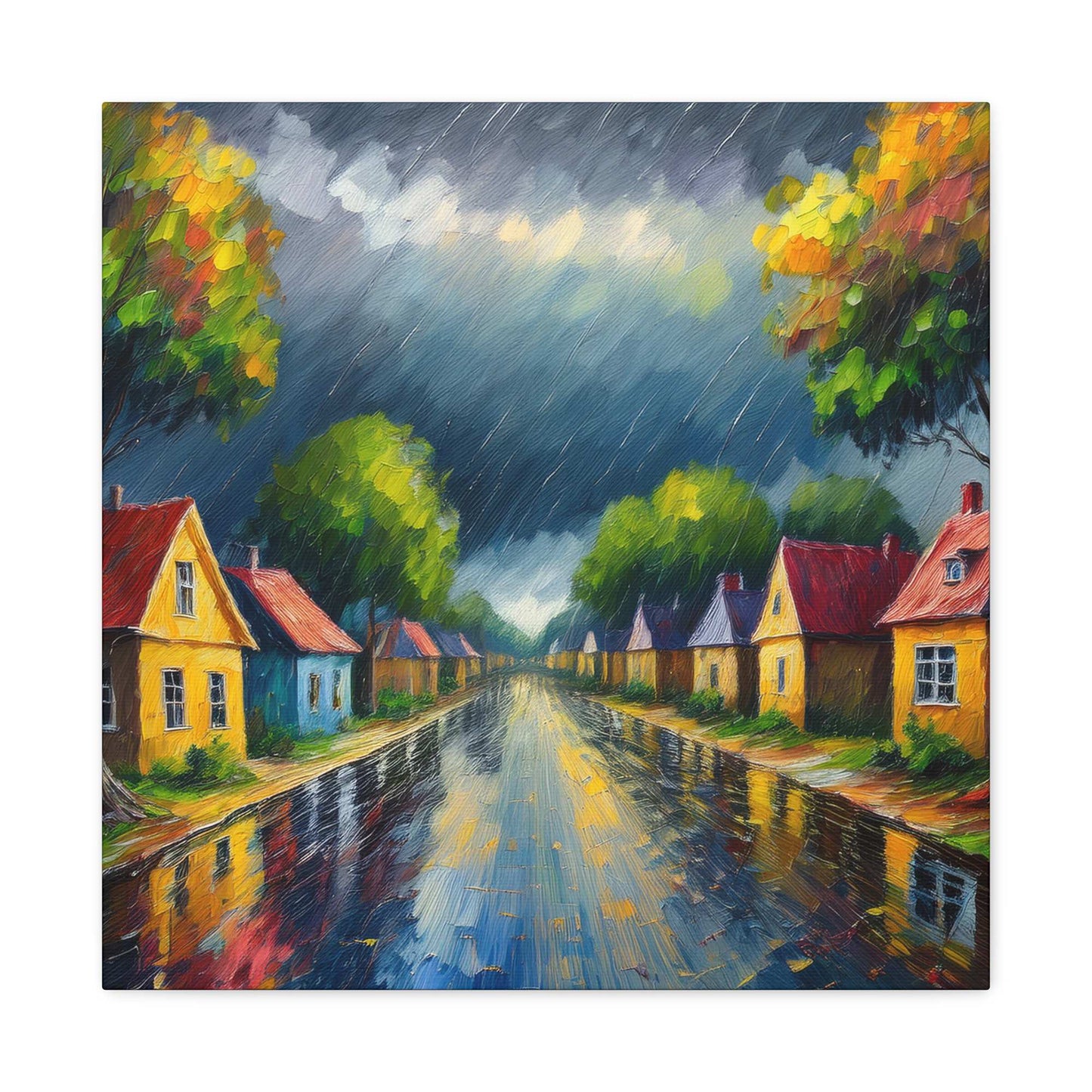 Rainy Village Street Canvas, Matte Oil Paint Print 20x20, 24x24, 30x30, 32x32, 36x36, Art Design Print Non-Frame MC-3