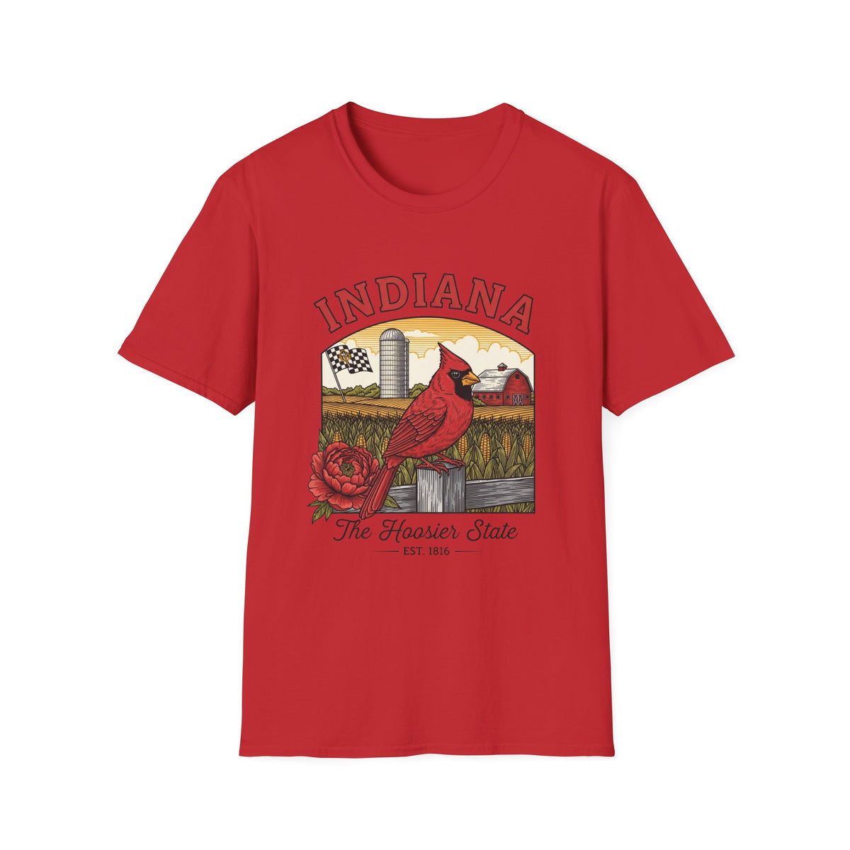 Indiana Cardinal Bird Tee — The Hoosier State Vintage Farm Design Travel Tourist Graphic Design Unisex 100 Cotton Gildan T-Shirt