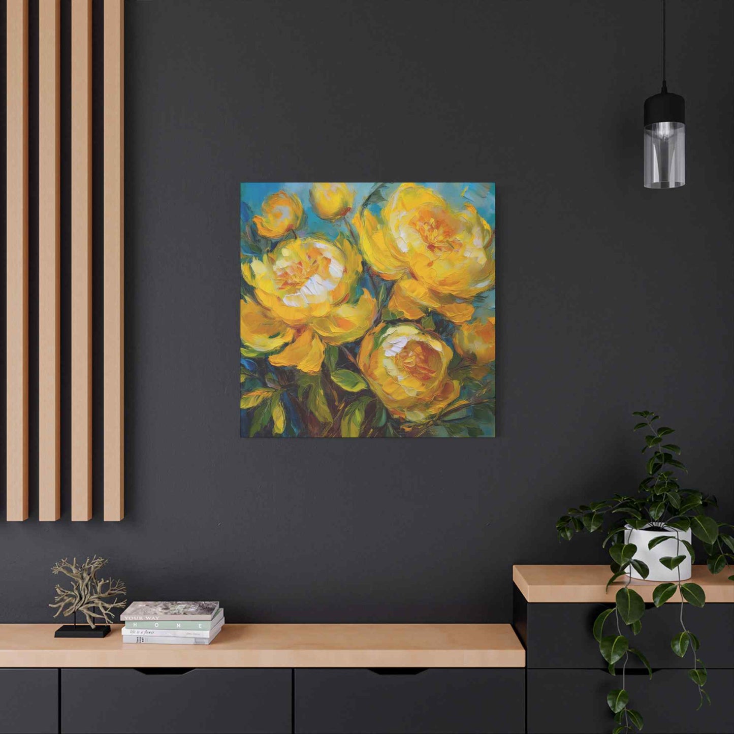 Yellow Peonies Print Canvas, Floral Oil Paint Print 20x20, 24x24, 30x30, 32x32, 36x36 Art Design Pine-Wood Inner Frame MC-120