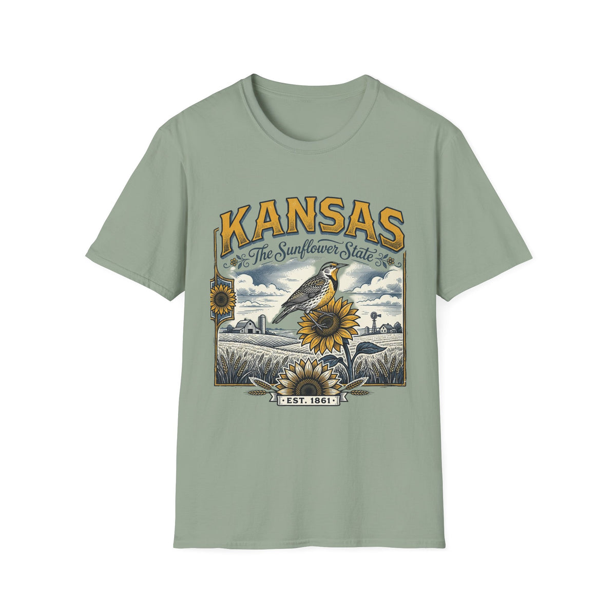 Kansas The Sunflower State T-Shirt | Vintage Meadow Bird Sunflower Design