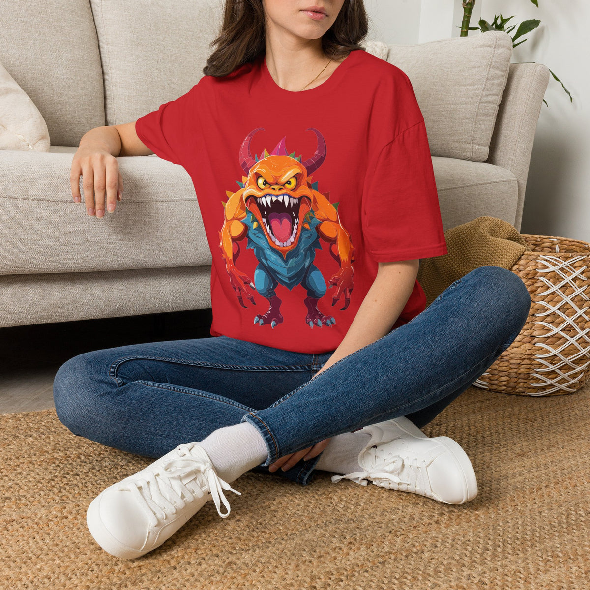 Monster Graphic T-Shirt — Fierce Orange Demon Design Cartoon Graphic Tee Unisex 100 Cotton Gildan T-Shirt