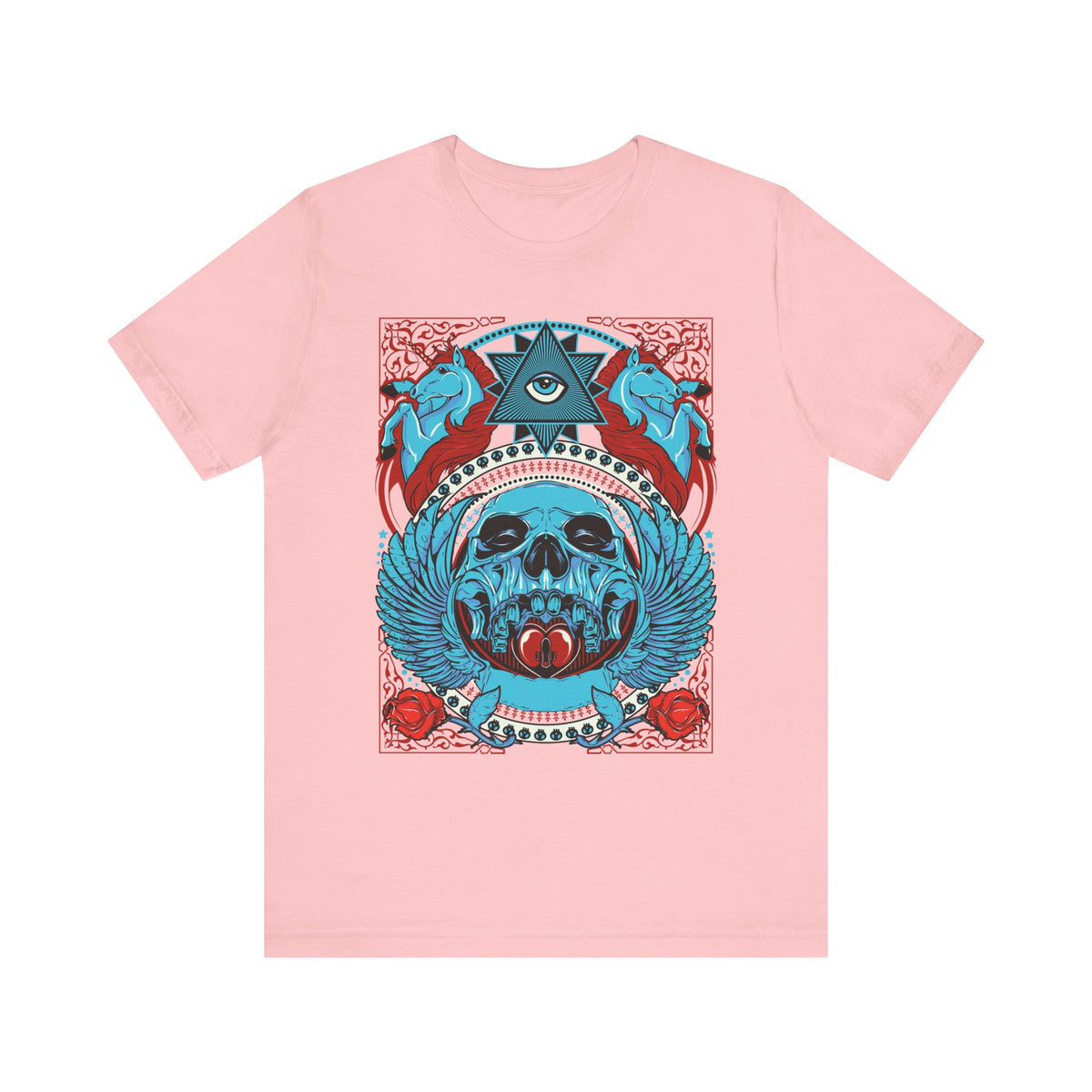 All-Seeing Skull Illustration Tee Winged Skull Third Eye Roses T-Shirt