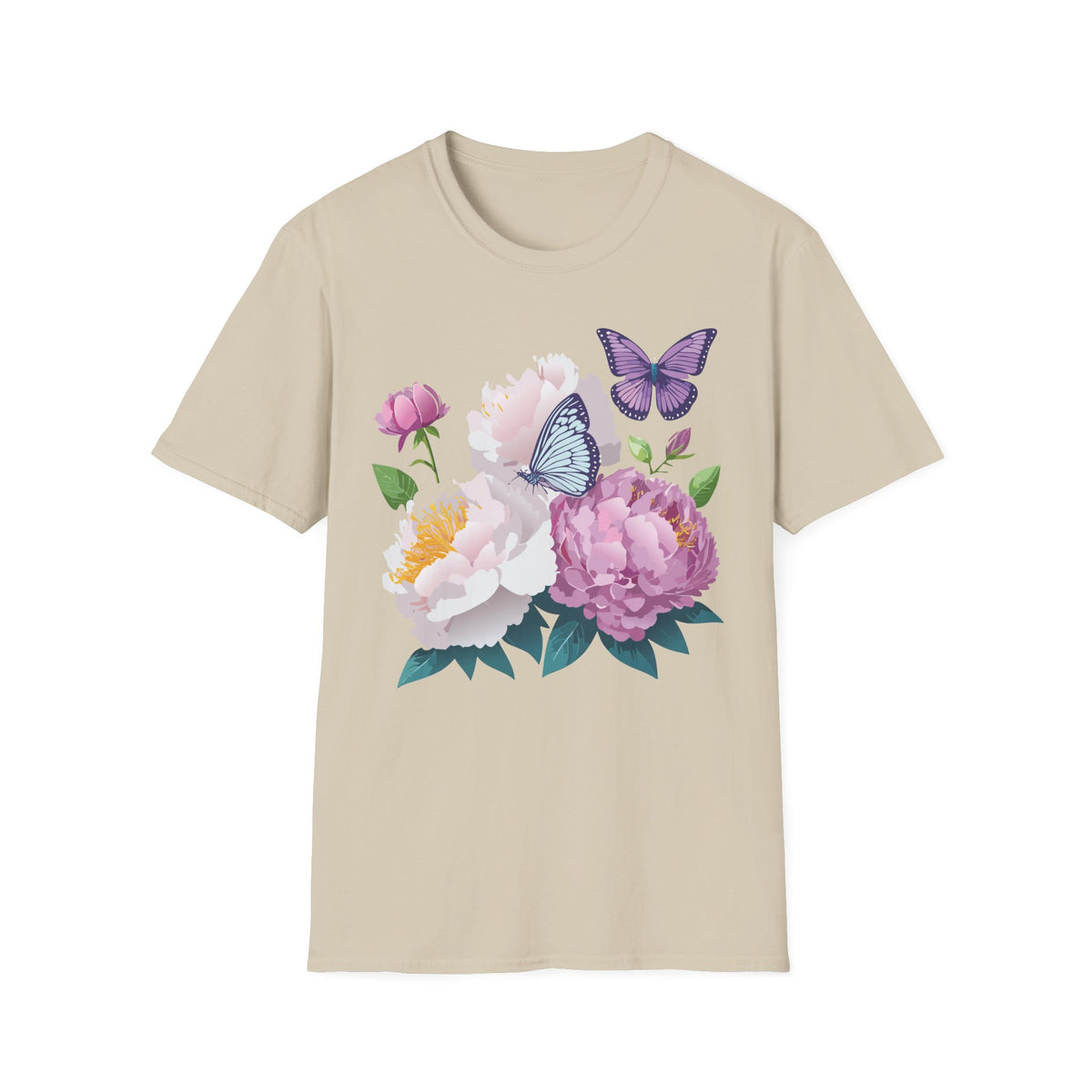 Floral Peonies & Butterflies T-Shirt — pastel garden tee for spring, Mother's Day Graphic Tee Unisex 100 Cotton Gildan T-Shirt
