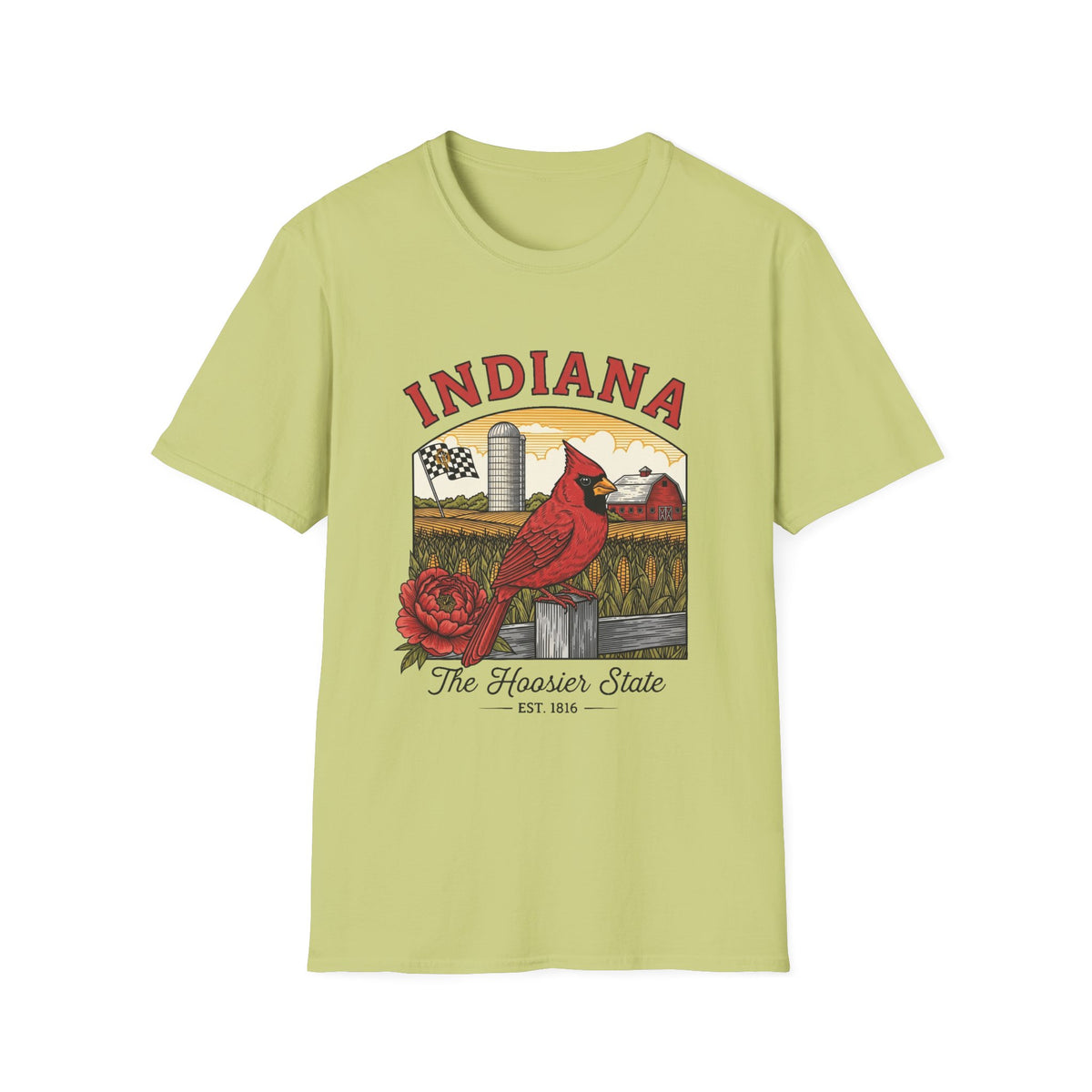 Indiana Cardinal Bird Tee — The Hoosier State Vintage Farm Design Travel Tourist Graphic Design Unisex 100 Cotton Gildan T-Shirt