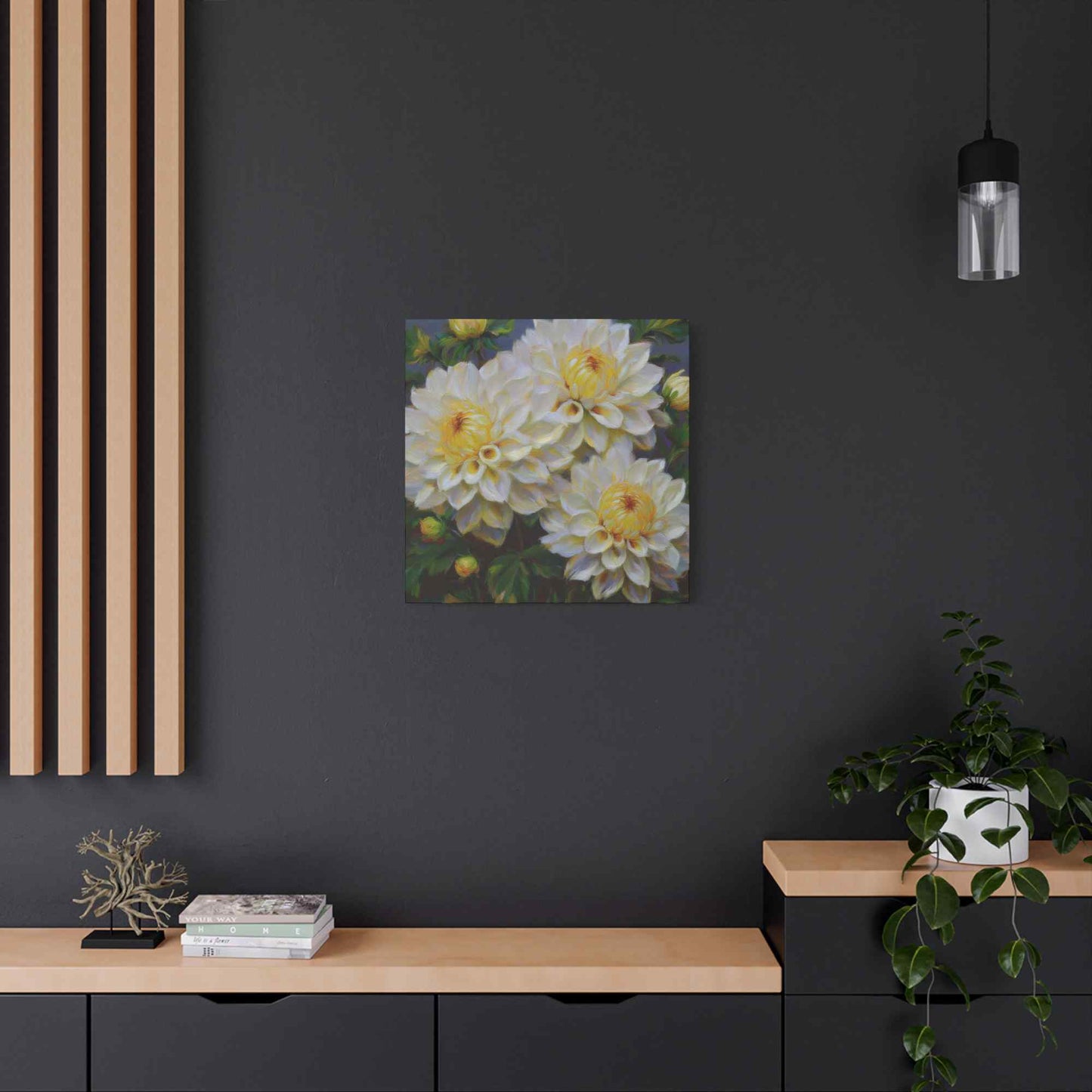 White Dahlias Print Canvas, Floral Oil Paint Print 20x20, 24x24, 30x30, 32x32, 36x36 Art Design Pine-Wood Inner Frame MC-168