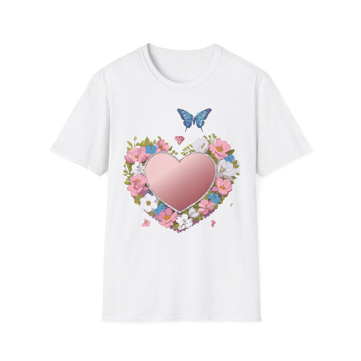 Floral Heart with Blue Butterfly T-Shirt | Pink Heart Floral Graphic Tee Unisex 100 Cotton Gildan T-Shirt
