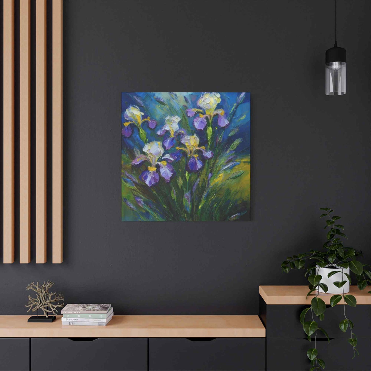 Irises Floral Print Canvas, Floral Oil Paint Print 20x20, 24x24, 30x30, 32x32, 36x36 Art Design Pine-Wood Inner Frame MC-185