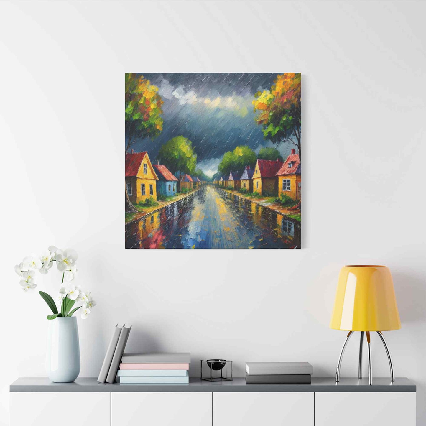 Rainy Village Street Canvas, Matte Oil Paint Print 20x20, 24x24, 30x30, 32x32, 36x36, Art Design Print Non-Frame MC-3