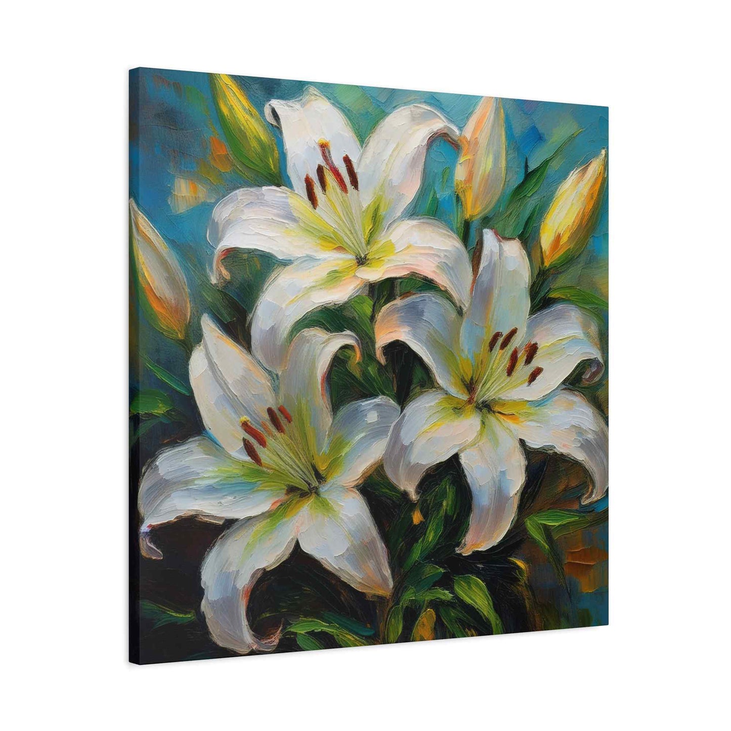 White Lilies Print Canvas, Floral Oil Paint Print 20x20, 24x24, 30x30, 32x32, 36x36 Art Design Pine-Wood Inner Frame MC-154
