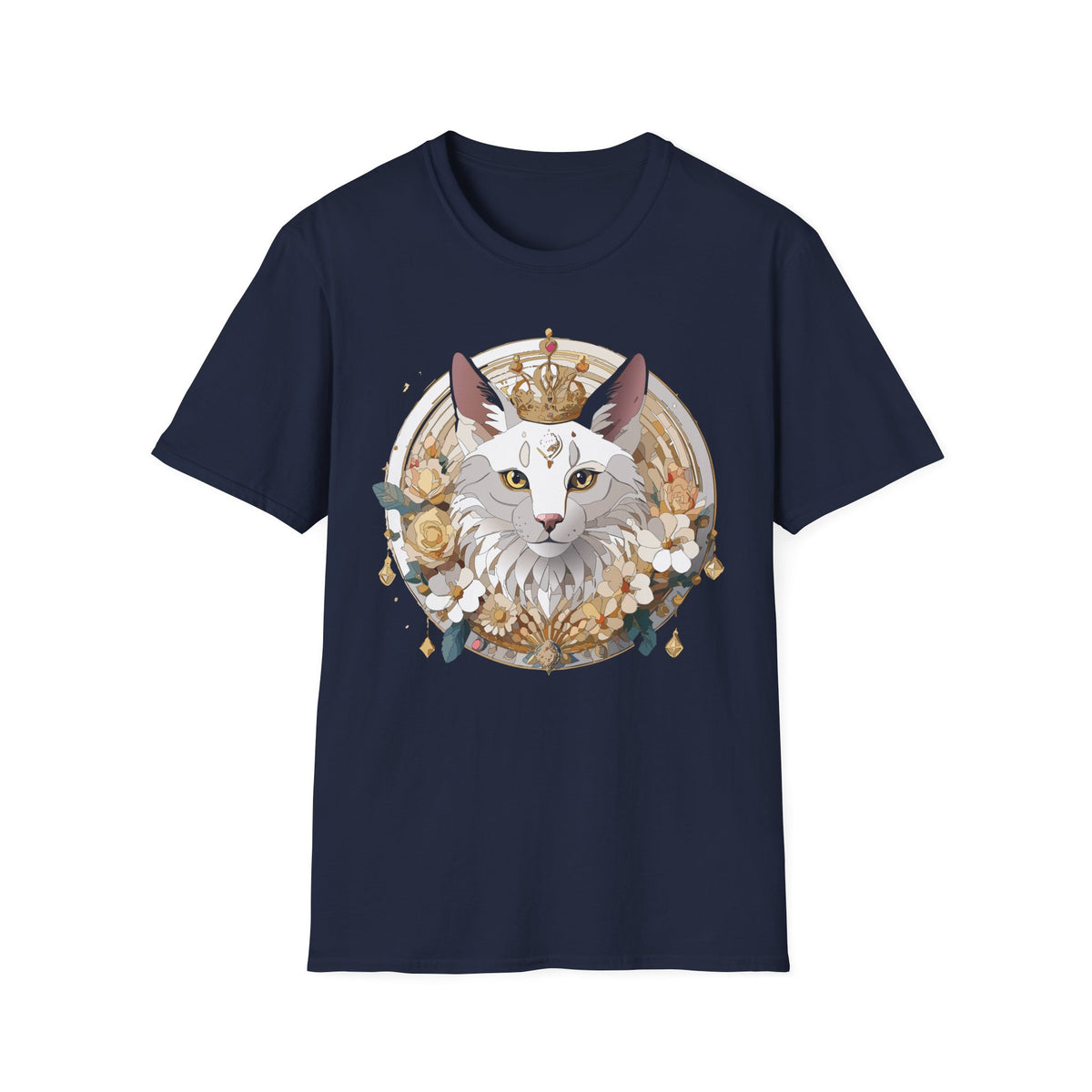 Regal Cat Crown graphic T-Shirt | White Cat Illustration, Floral Halo